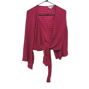 Boho Tie Front Bell Sleeve Top S Red Floral Festival Indie Hippie Billabong Crop